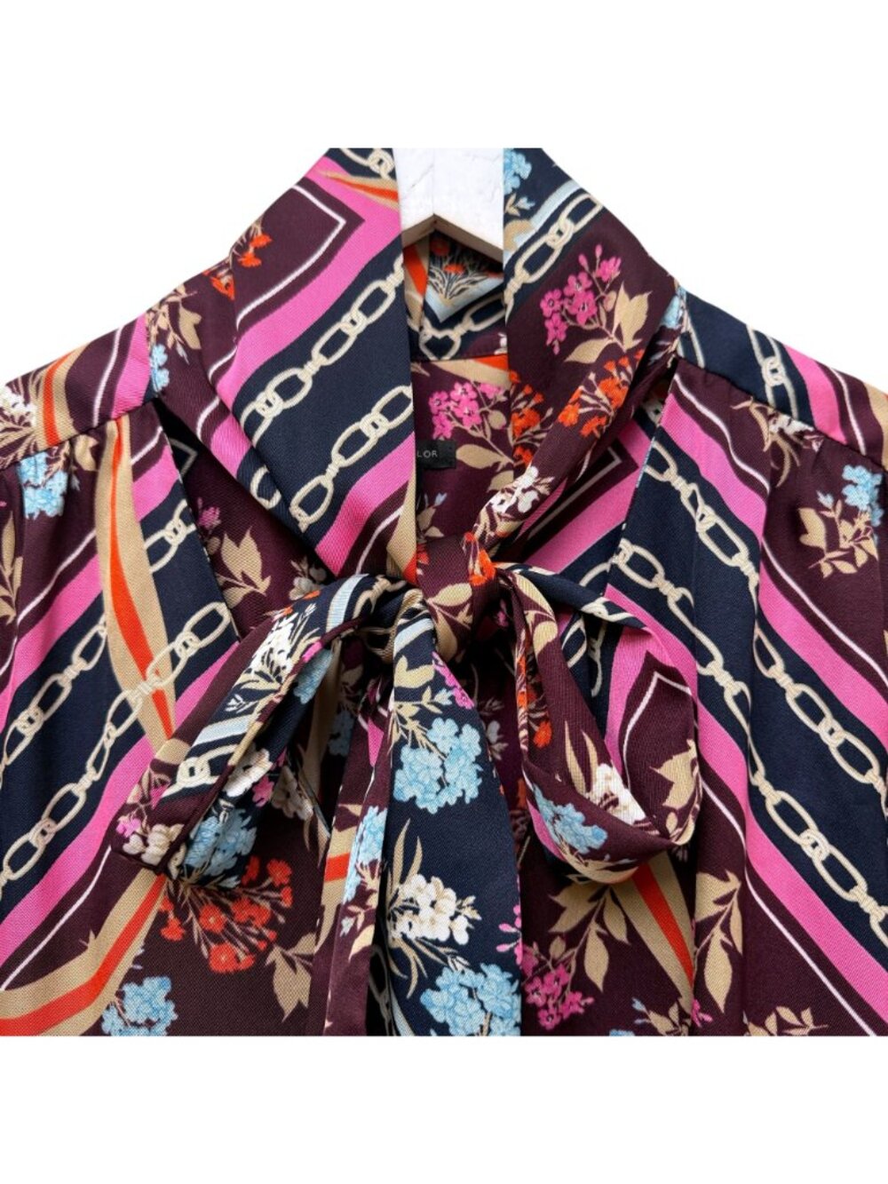 Ann Taylor Bow Blouse XL Burgundy Floral Link Print Career Office Womens Top - Picture 2 of 8